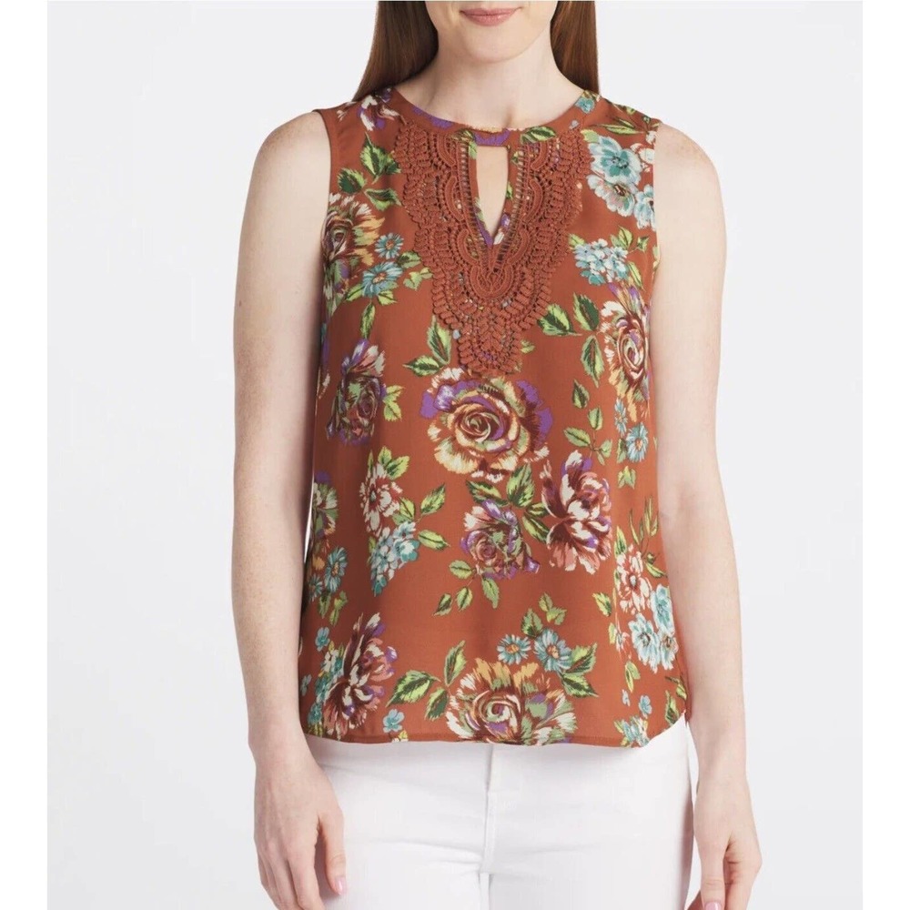 NWT Daniel Rainn Womens Quin Keyhole Crochet Top Medium Floral Burnt Orange
